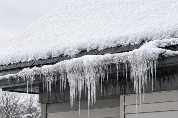 Ice dam buildup along roof edge causing winter roof leak in Massachusetts