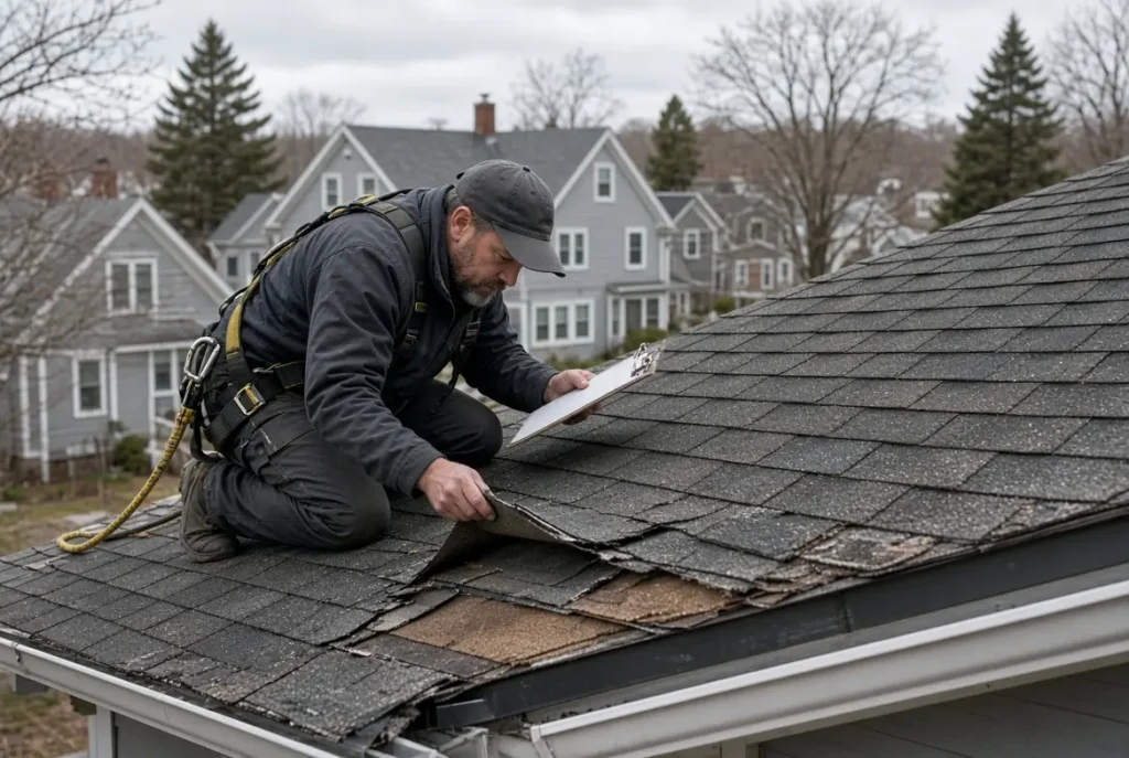 Roofer inspecting multiple layers of asphalt shingles on an older Massachusetts roof