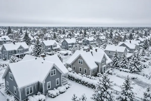 Snow-covered Massachusetts homes showing harsh inland winter roof conditions