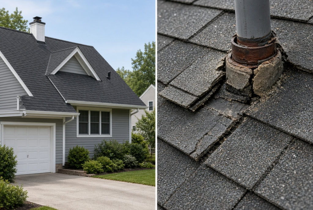 Roof viewed from ground level showing lifted shingles and cracked pipe boot damage