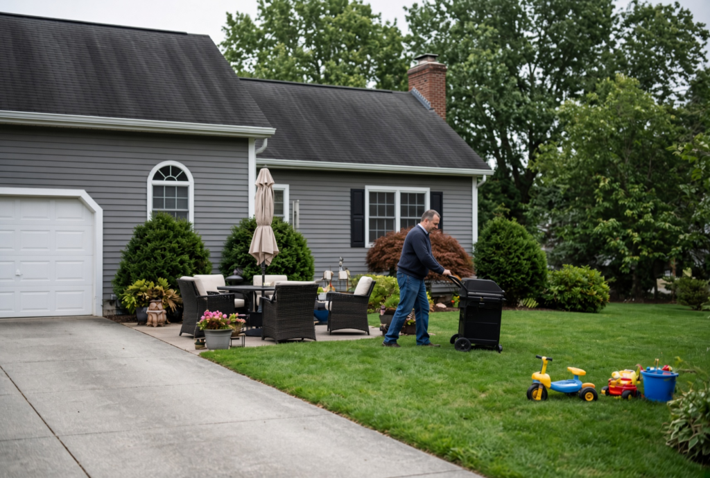 Homeowner clearing yard and driveway before roof replacement in Massachusetts