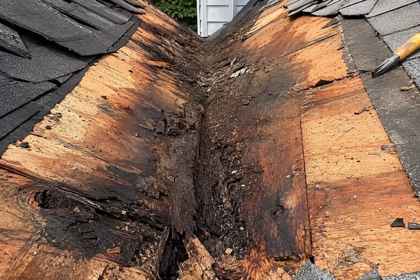 Rotted roof decking found during a Massachusetts tear-off