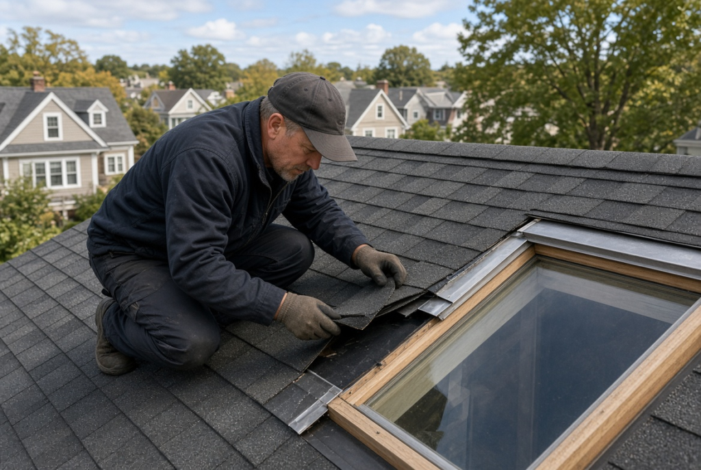 Roofer inspecting skylight flashing and shingles on a Massachusetts roof