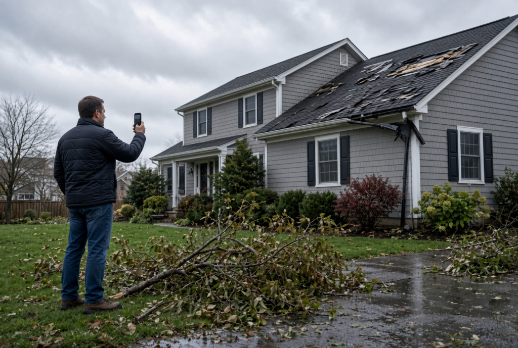 Homeowner photographing storm roof damage from the ground in Massachusetts