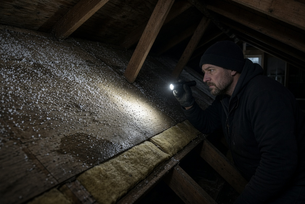 Frost on attic nails showing winter roof moisture problem