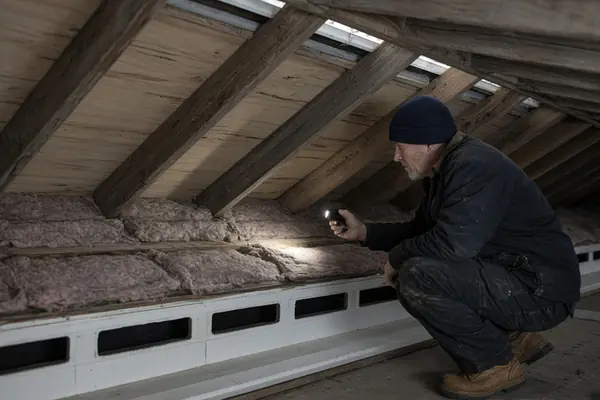 Roofer checking attic ventilation and soffit intake during a Worcester roof inspection