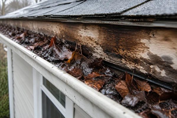 clogged gutter and rotting fascia on a Massachusetts home