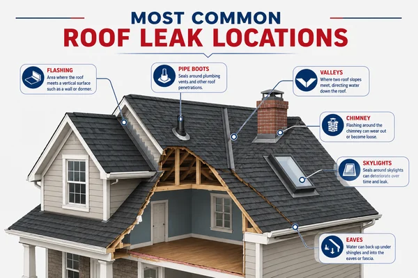 diagram of common roof leak locations on a house