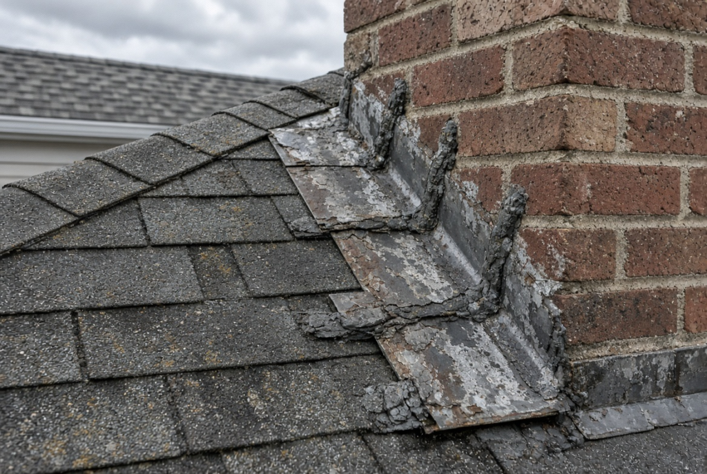Failed step flashing caulked over at a chimney on a Massachusetts roof
