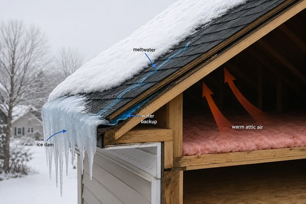 How an ice dam forms on a Massachusetts roof eave