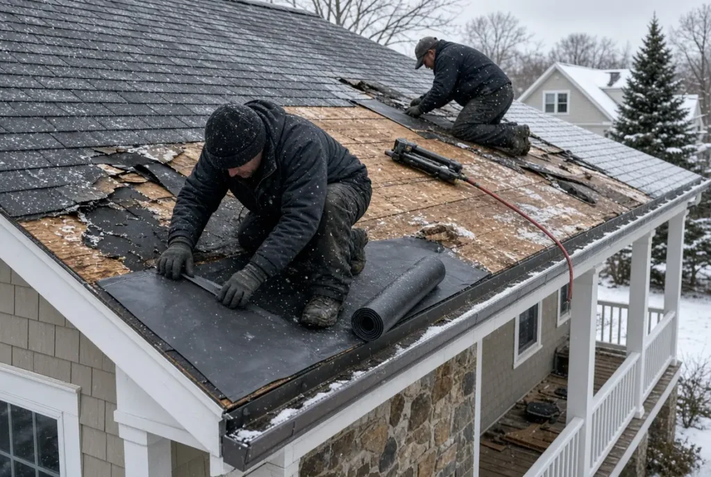 Roofers installing ice barrier membrane during a Massachusetts winter roof replacement