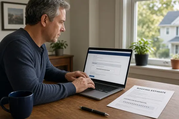 Homeowner checking roofing contractor registration information before hiring