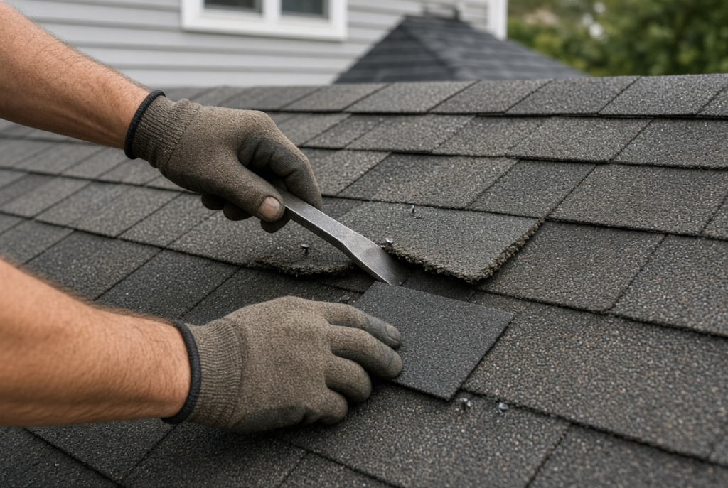 Close-up of replacing a damaged asphalt shingle during DIY roof repair