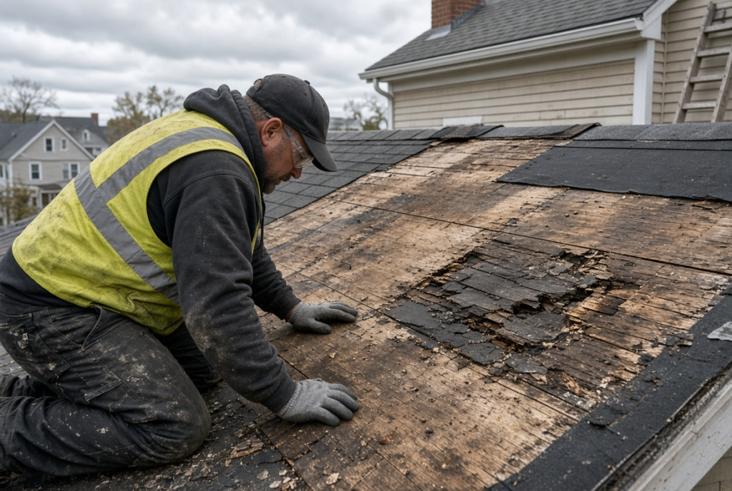 Roofing contractor inspecting damaged roof decking after old shingles are removed