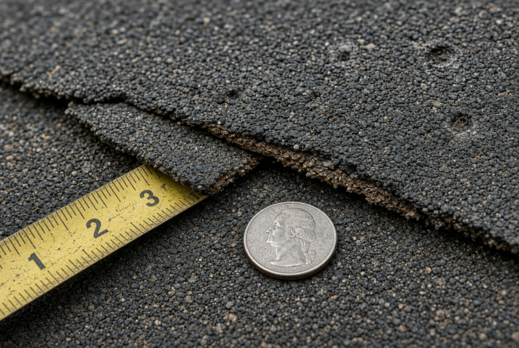 Close-up roof shingle damage photographed with measuring tape for insurance documentation