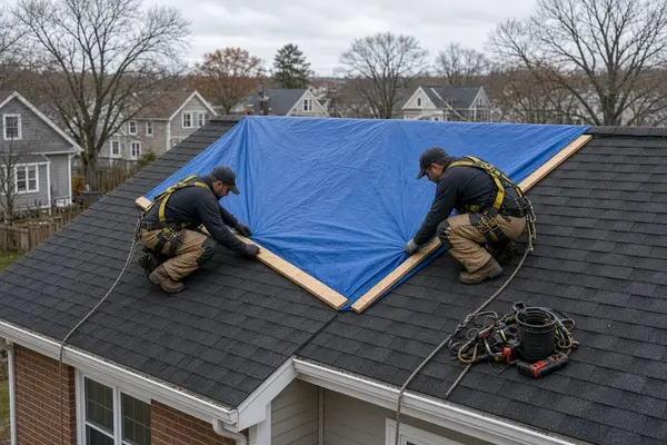 Roofer securing emergency roof tarp with wooden boards