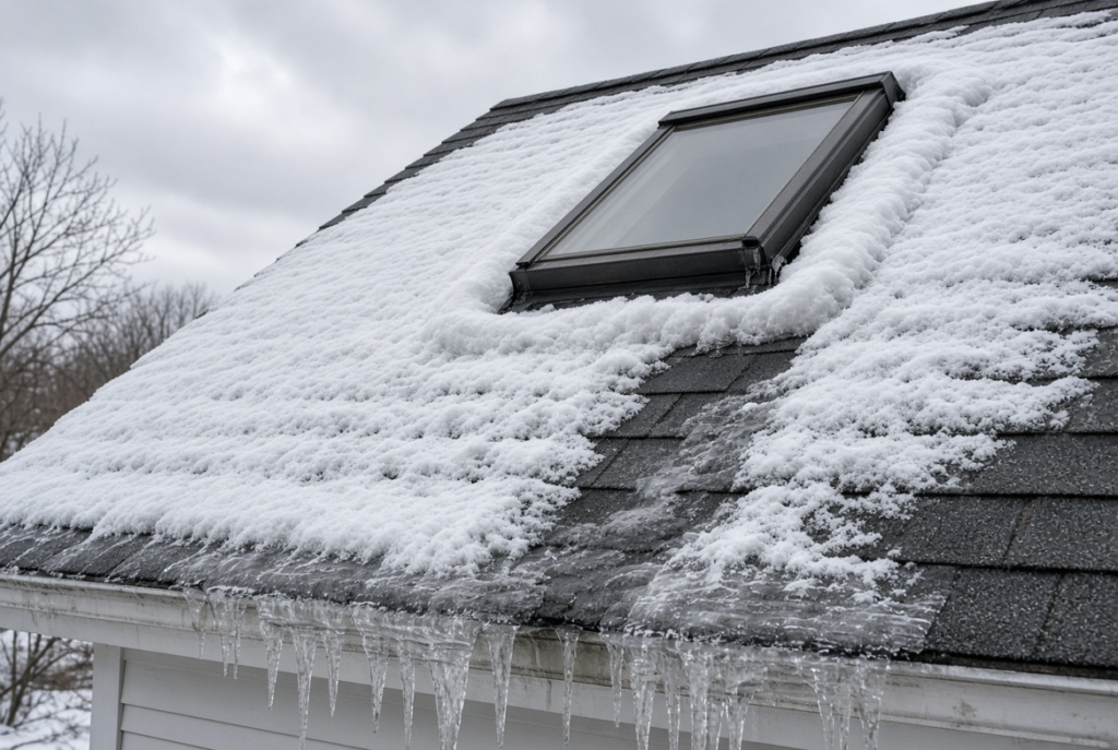 Ice dam buildup around a skylight on a Massachusetts winter roof