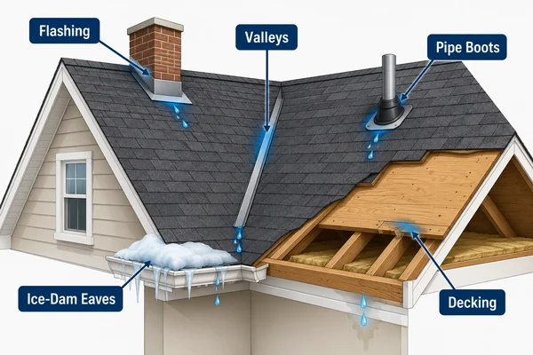Diagram of common roof leak points: flashing, valleys, pipe boots, eaves