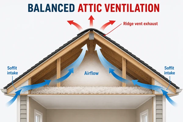 Balanced attic ventilation diagram, soffit intake and ridge exhaust