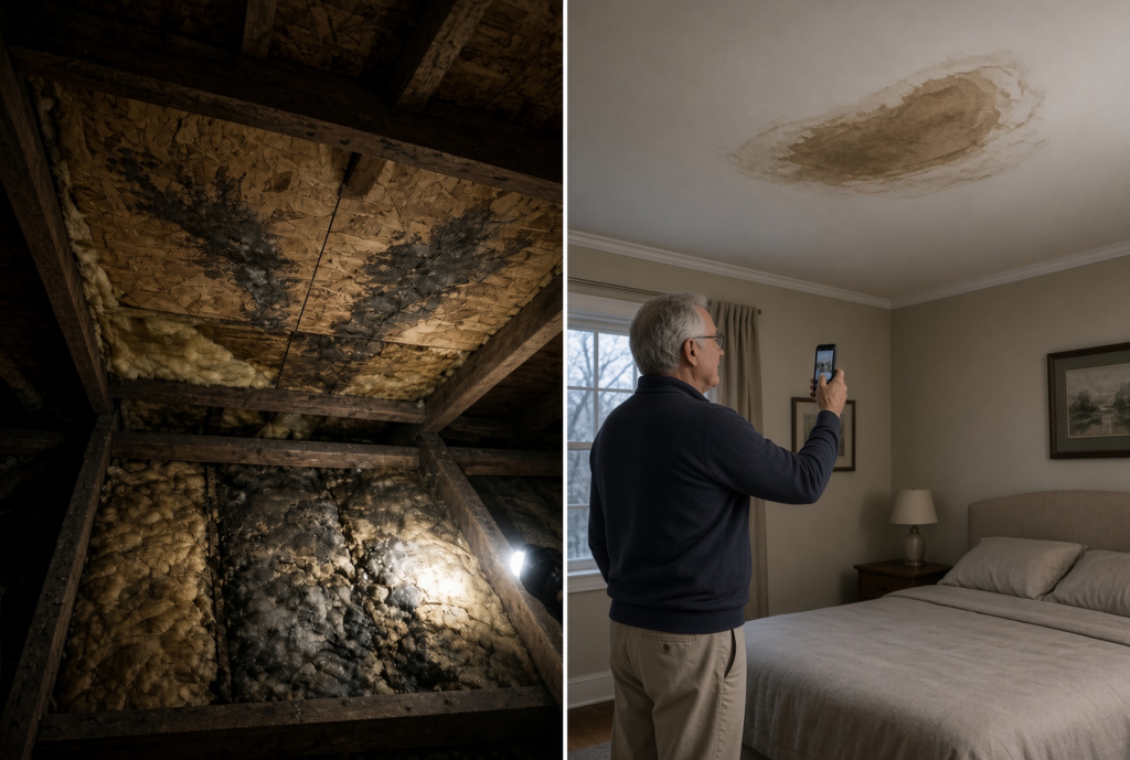 Attic water damage and ceiling stains documented after roof damage