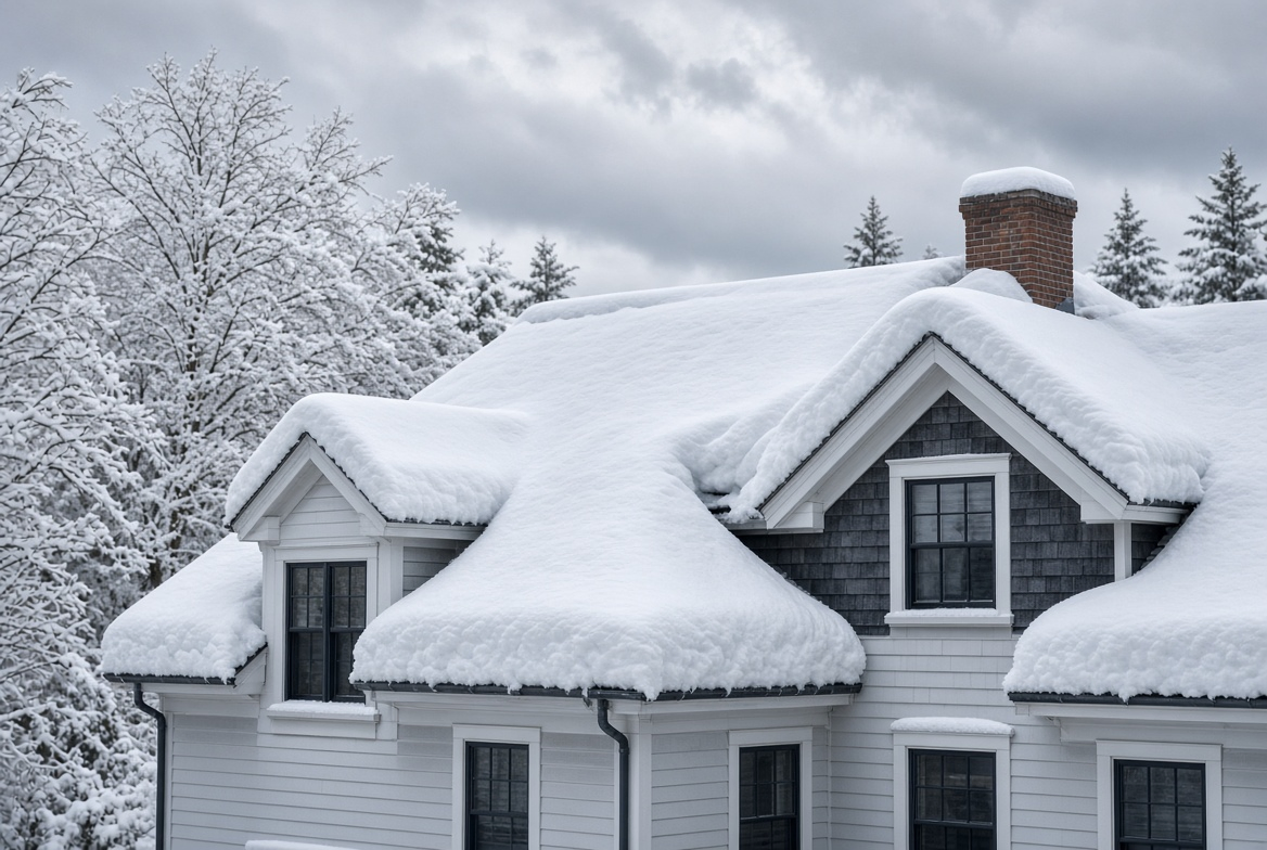 Heavy snow load on a Massachusetts roof, the condition Worcester's 50 psf ground snow figure is set against