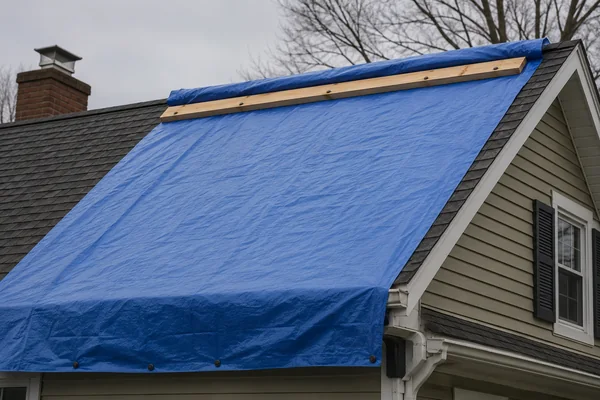 Roof tarp anchored with a 2x4 board over the ridge to stop a leak