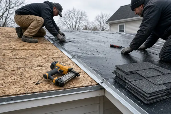 Ice and water barrier membrane at a Massachusetts roof edge, the 24-inch line a Worcester roof inspection measures