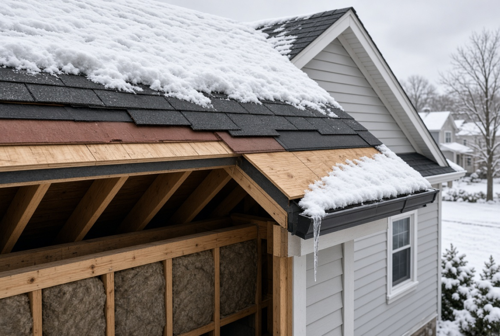 Roof layers showing ice barrier protection beneath shingles on a Massachusetts home