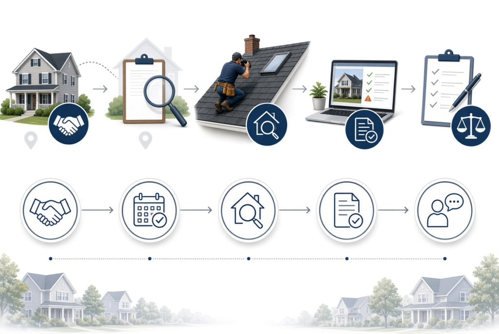 Timeline showing Massachusetts home inspection period and roof inspection process