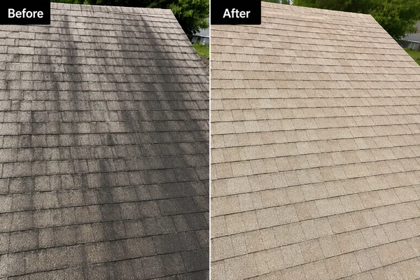 before and after roof algae removal on asphalt shingles