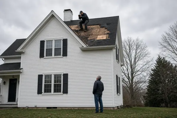 Roof inspection revealing hidden decking and flashing problems under old shingles