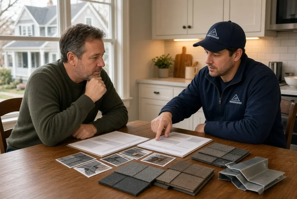 Roofing contractor comparing complete roof replacement work and materials with homeowner