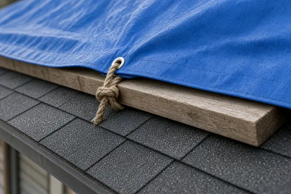 Wood boards anchoring roof tarp without damaging roofing materials