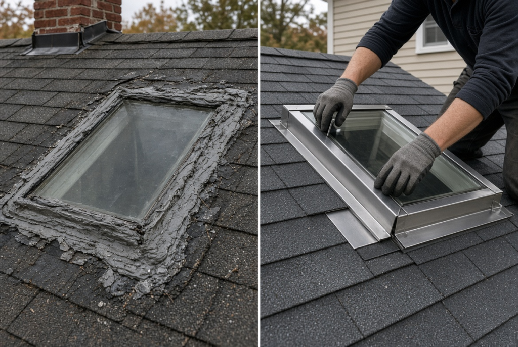 Comparison of failed skylight caulk repair and professional flashing installation
