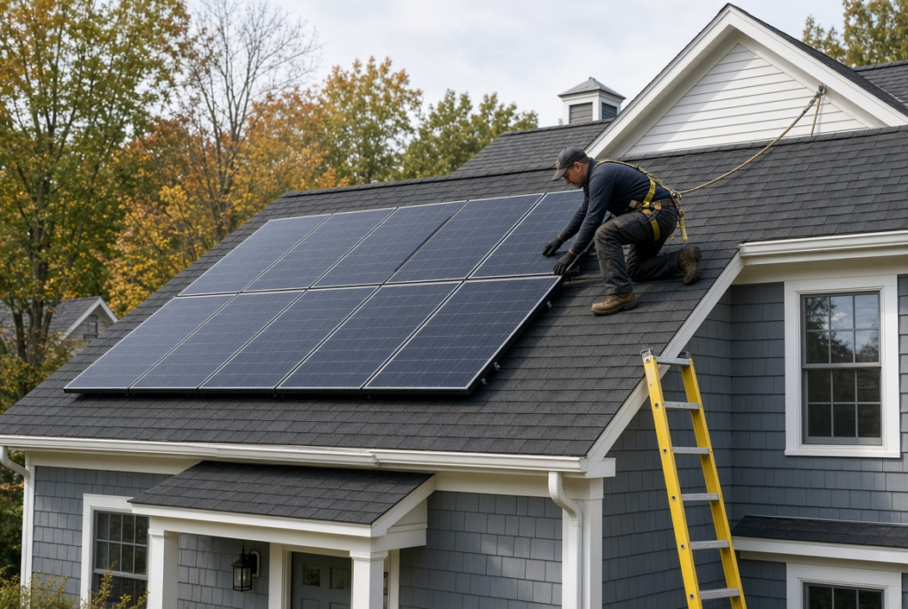 Solar panels being prepared for removal before a residential roof replacement