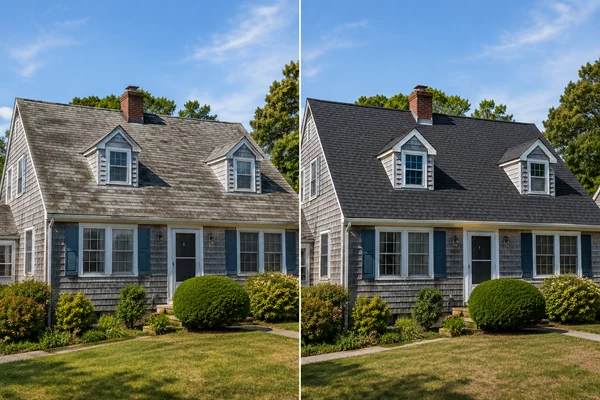 Before and after roof replacement on a Massachusetts home