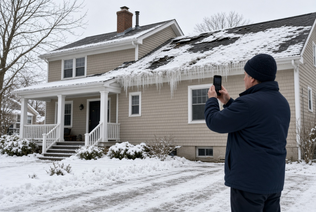 Homeowner documenting roof damage after snowstorm for insurance