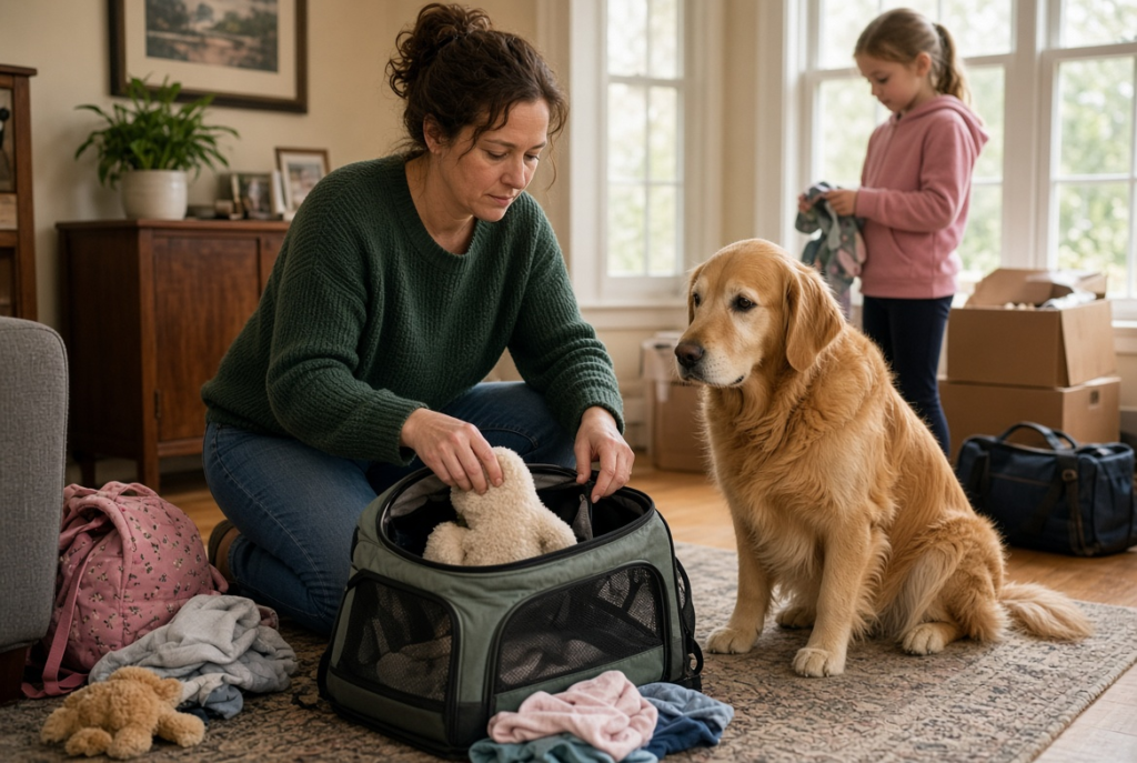 Family preparing pets and children for a noisy roof replacement project