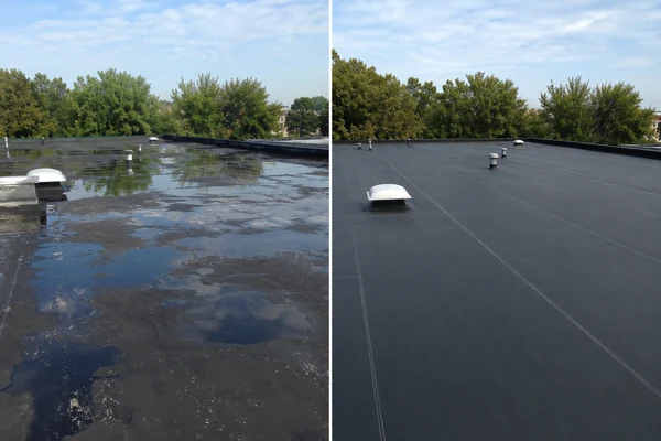 Before and after: ponding flat roof corrected with tapered insulation