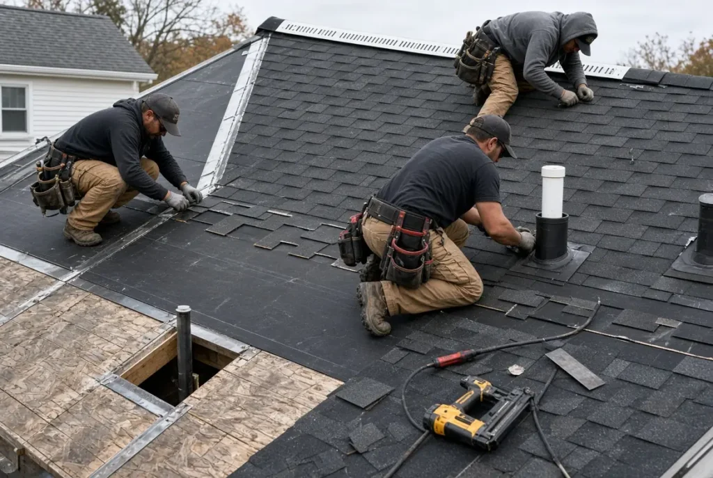 Complete GAF roofing system installation with underlayment shingles and ventilation components