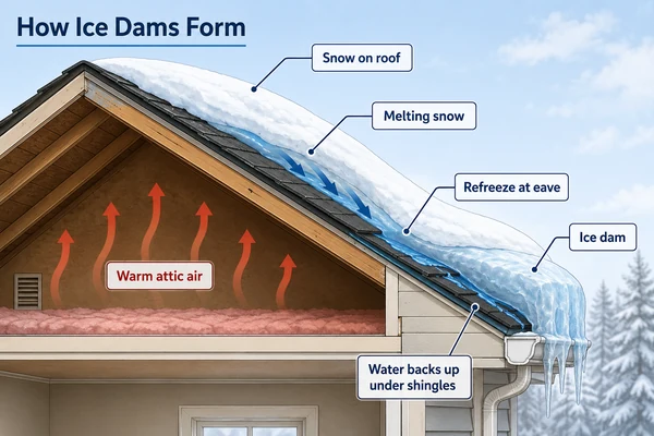 how ice dams form on a roof from attic heat, diagram