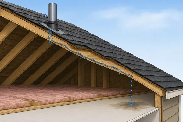 Diagram showing how roof leak water travels along the deck and framing before appearing on a ceiling