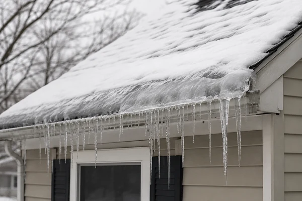 Ice dam at the eave of a Massachusetts roof in winter