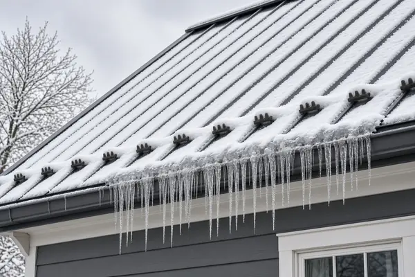 Metal roof with snow guards during a Massachusetts winter
