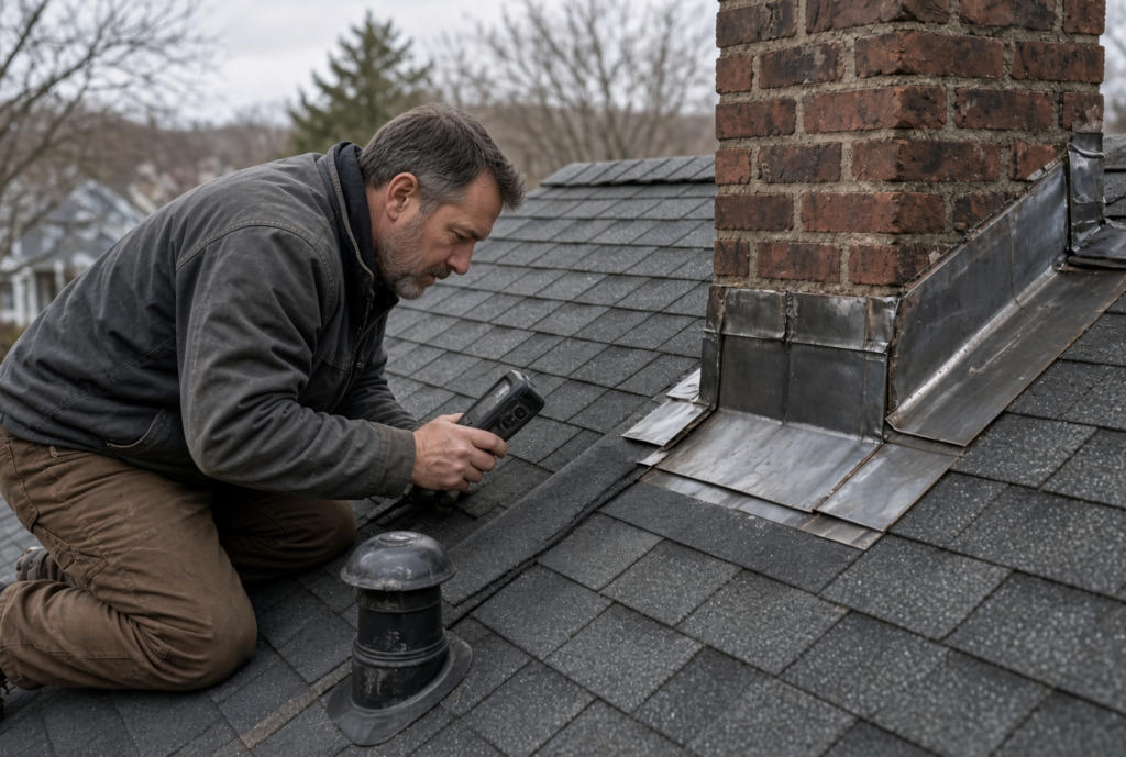 Roofer inspecting flashing valleys and roof details after storm damage