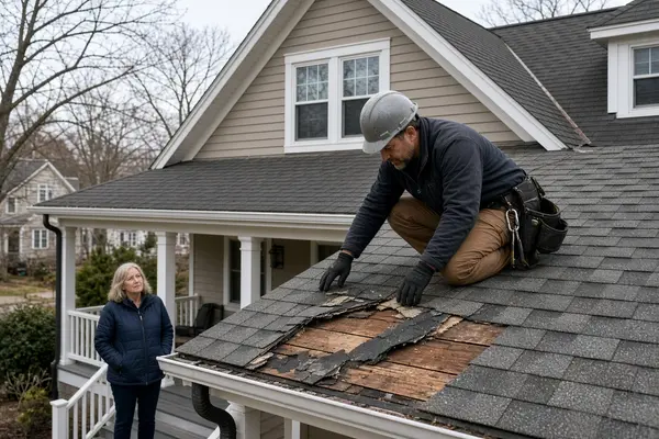Roofing contractor inspecting storm damage after temporary tarp installation