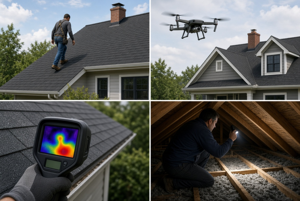 Comparison of different roof inspection methods including walk-on drone infrared and attic inspection