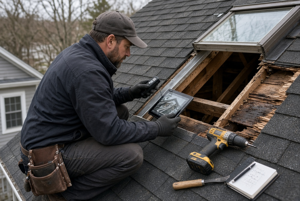 Roofer documenting skylight damage and roof repair needs during inspection