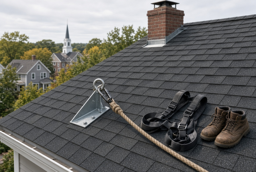 Roofing safety harness and steep roof demonstrating DIY roof safety concerns