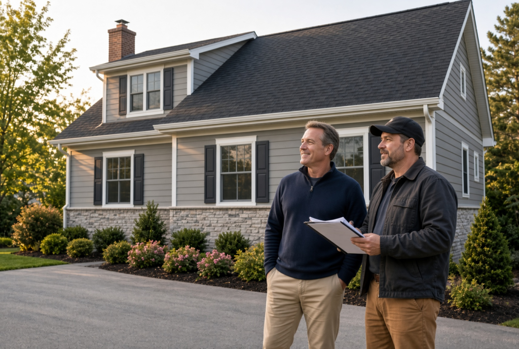 Homeowner and roofing contractor completing final roof replacement inspection walkthrough